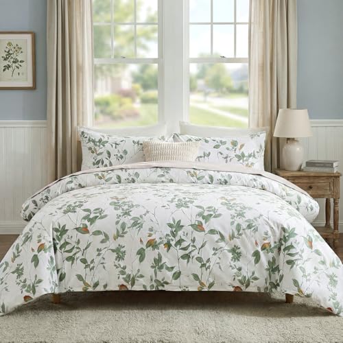 Cozaline Floral Duvet Cover Queen Size 100% Cotton Reversible Green Floral Duvet Cover Set with Zipper Closure 3 Pcs Green Leaf Soft & Breathable Bedding Comforter Cover - Image 3