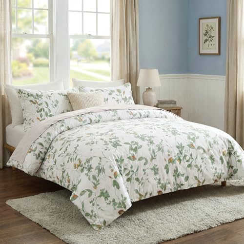 Cozaline Floral Duvet Cover Queen Size 100% Cotton Reversible Green Floral Duvet Cover Set with Zipper Closure 3 Pcs Green Leaf Soft & Breathable Bedding Comforter Cover - Image 2