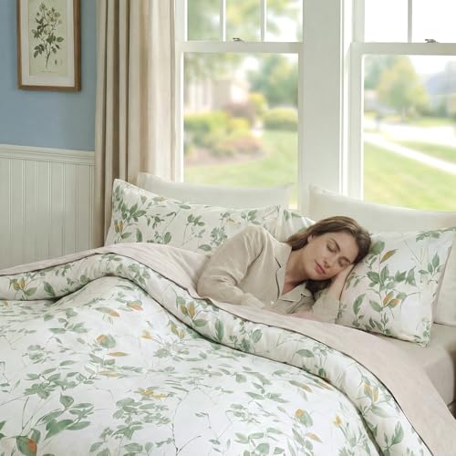 Cozaline Floral Duvet Cover Queen Size 100% Cotton Reversible Green Floral Duvet Cover Set with Zipper Closure 3 Pcs Green Leaf Soft & Breathable Bedding Comforter Cover - Image 5