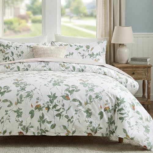 Cozaline Floral Duvet Cover Queen Size 100% Cotton Reversible Green Floral Duvet Cover Set with Zipper Closure 3 Pcs Green Leaf Soft & Breathable Bedding Comforter Cover - Image 1