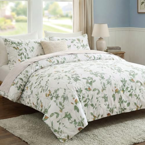 Cozaline Floral Duvet Cover Queen Size 100% Cotton Reversible Green Floral Duvet Cover Set with Zipper Closure 3 Pcs Green Leaf Soft & Breathable Bedding Comforter Cover - Image 4