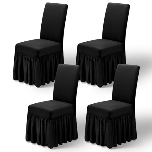XIAROGEE Dining Chair Covers Set of 4 Stretch Super Fit Chair Slipcovers with Skirt for Dining Room Washable Spandex Chairs Covers for BanquetWeddingKitchen Black 4 - Image 1