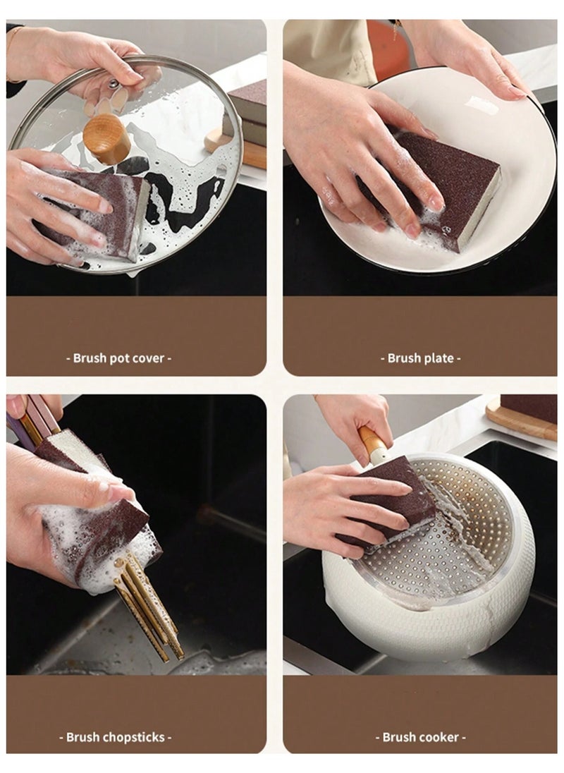 A sponge brush for removing rust, stubborn stains, and burnt residues, designed to clean cookware and kitchen utensils while giving them a shiny finish. Comes in a set of 5 pieces.