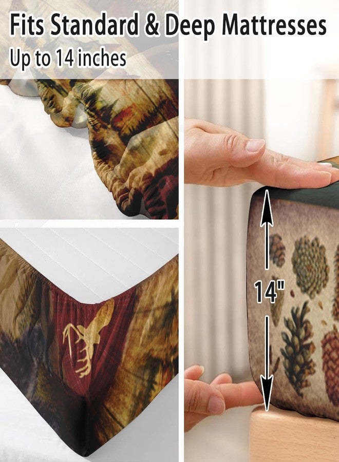 Pamnest Full Size Bed Sheet Sets, Camp Bear Mountain Soft Microfiber 4 Pcs Bedding Sets for Kids and Adults Bedroom Bed Decor, Wildlife Brown Pine Tree Flat, Fitted Sheet and 2 Pillowcases - Image 5