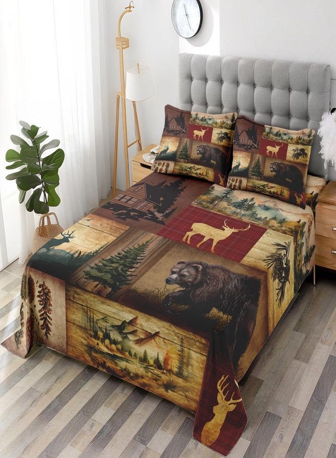 Pamnest Full Size Bed Sheet Sets, Camp Bear Mountain Soft Microfiber 4 Pcs Bedding Sets for Kids and Adults Bedroom Bed Decor, Wildlife Brown Pine Tree Flat, Fitted Sheet and 2 Pillowcases - Image 2
