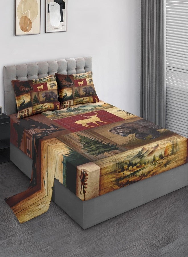Pamnest Full Size Bed Sheet Sets, Camp Bear Mountain Soft Microfiber 4 Pcs Bedding Sets for Kids and Adults Bedroom Bed Decor, Wildlife Brown Pine Tree Flat, Fitted Sheet and 2 Pillowcases - Image 1
