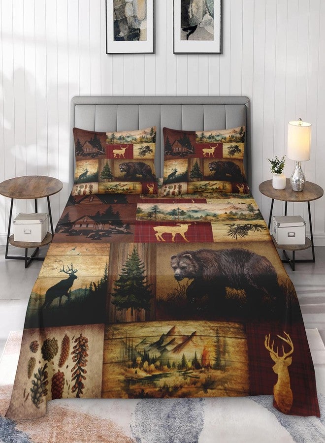 Pamnest Full Size Bed Sheet Sets, Camp Bear Mountain Soft Microfiber 4 Pcs Bedding Sets for Kids and Adults Bedroom Bed Decor, Wildlife Brown Pine Tree Flat, Fitted Sheet and 2 Pillowcases - Image 3