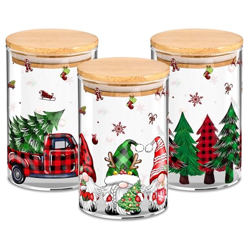 Fayoo 3 Pack Christmas Glass Storage Jars With Airtight Bamboo Lid Gnome Red Truck Canister Sets for Christmas Kitchen Countertop Decor Christmas Cookie Jars Candy Containers - Image 1