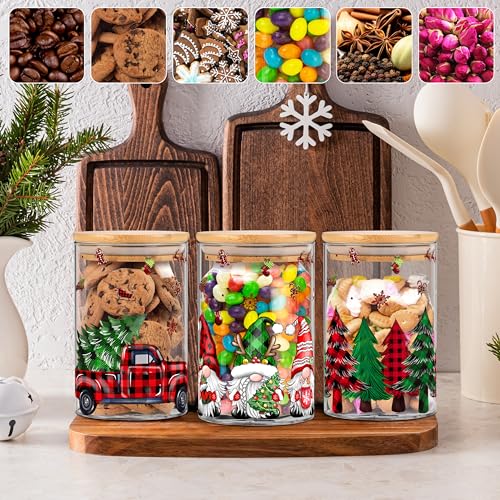Fayoo 3 Pack Christmas Glass Storage Jars With Airtight Bamboo Lid Gnome Red Truck Canister Sets for Christmas Kitchen Countertop Decor Christmas Cookie Jars Candy Containers - Image 5