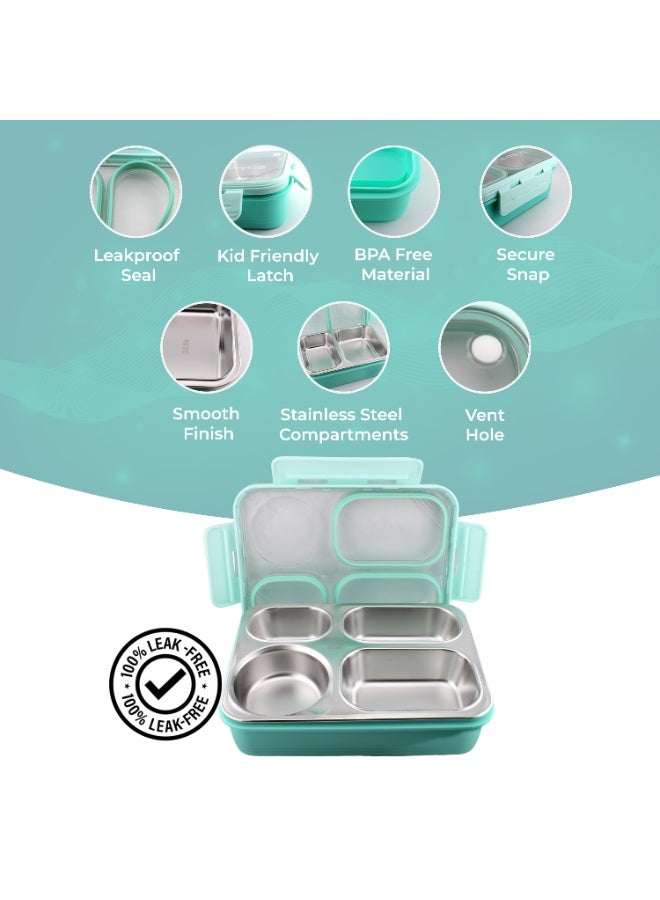 CRAVISTA Bento Lunch Boxes, Leak Proof Stainless Steel Lunch Box for Kids, BPA Free Bento Box for Kids and Adults | Tiffin Box for Office and School (Green, 950 ML, 4 Compartment) - Image 3