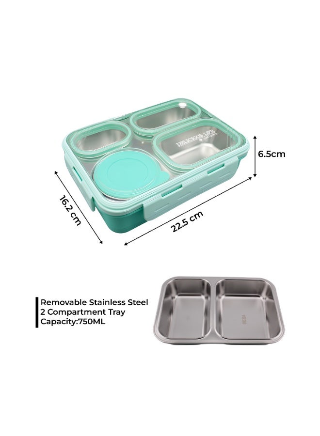 CRAVISTA Bento Lunch Boxes, Leak Proof Stainless Steel Lunch Box for Kids, BPA Free Bento Box for Kids and Adults | Tiffin Box for Office and School (Green, 950 ML, 4 Compartment) - Image 5