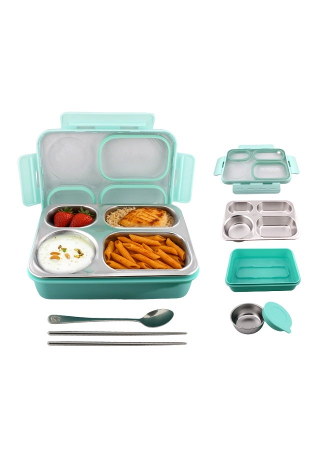 CRAVISTA Bento Lunch Boxes, Leak Proof Stainless Steel Lunch Box for Kids, BPA Free Bento Box for Kids and Adults | Tiffin Box for Office and School (Green, 950 ML, 4 Compartment) - Image 2
