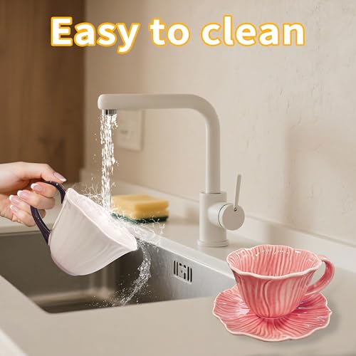 JUSONEY 10 oz Tea Cups and Saucers, Ceramic Flower-shaped Cappuccino Cup, Latte Cup and Saucer set, elegant floral Espresso Cup set, cups are microwave and dishwasher safe-Red - Image 3