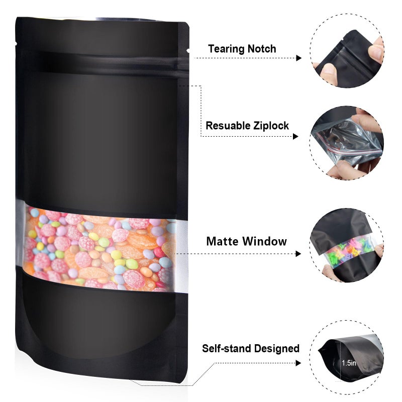 ODDIER 4""x6"" 120pcs Mylar Bags for Food Storage Smell Proof Bags with Matte Window Resealable Food Storage Bags for Small Business  Stand-up Foil Pouch Packaging Treat Snack Bags for Self Sealing(Black )  - Image 3