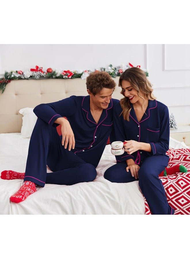 Ekouaer Christmas Family Matching Pajamas Long Sleeve Button Down Pj Set Festival Party Sleepwear, Solid-navu Blue, L - Image 4