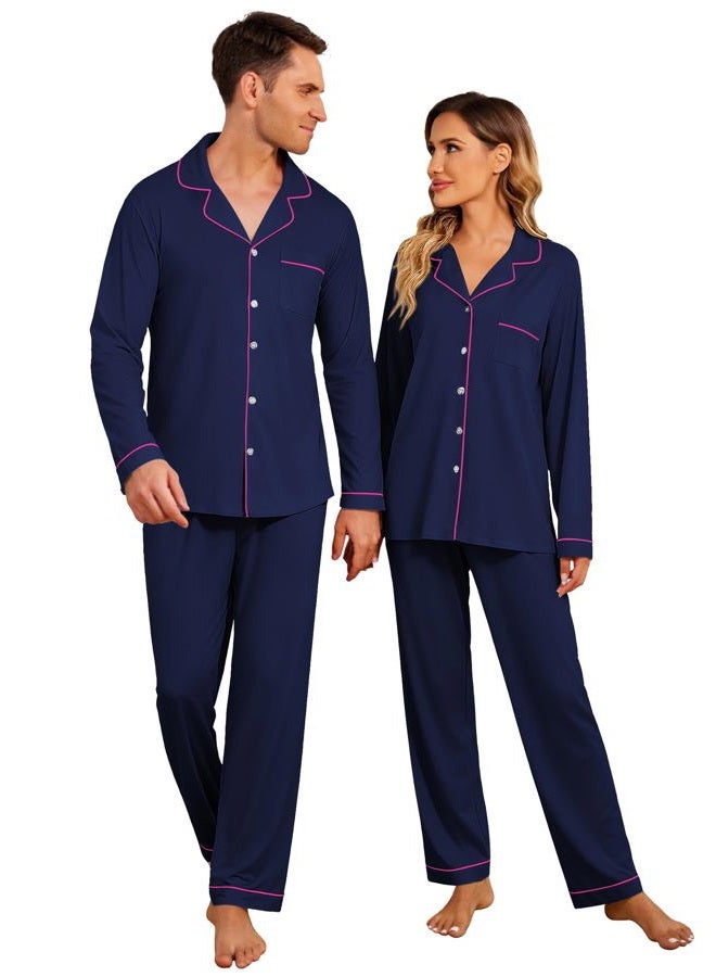 Ekouaer Christmas Family Matching Pajamas Long Sleeve Button Down Pj Set Festival Party Sleepwear, Solid-navu Blue, L - Image 1