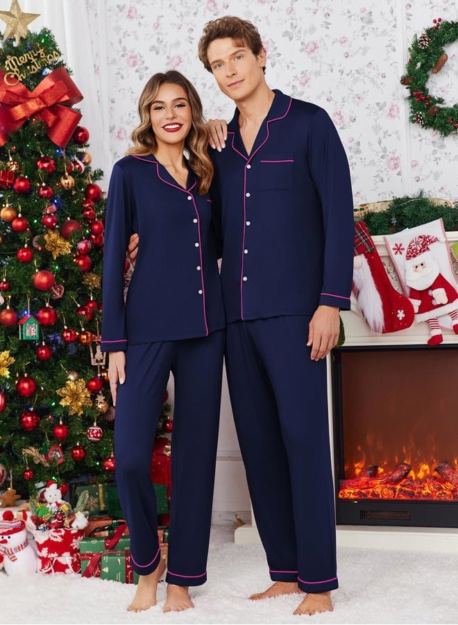 Ekouaer Christmas Family Matching Pajamas Long Sleeve Button Down Pj Set Festival Party Sleepwear, Solid-navu Blue, L - Image 2
