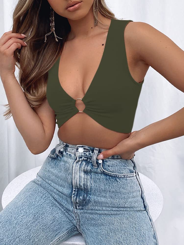AEVZIV Sexy Crop Tops for Women Sleeveless Deep V Neck Workout Tops Plunge Ring Cleavage Cropped Tank Top ArmyGreen S - Image 4