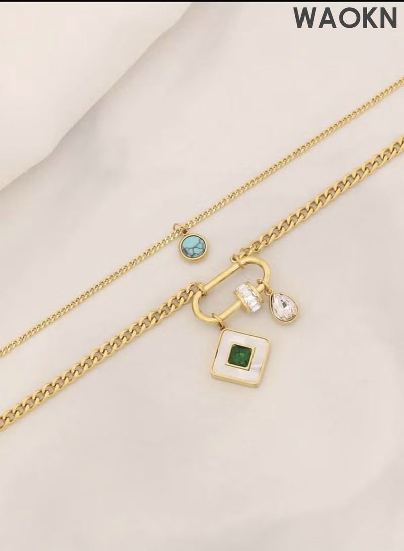 WAOKN One piece square turquoise double layer stainless steel chain necklace is suitable for women's daily wear Fashion Jewelry Gift fitting various daily scenarios suitable for birthdays, holidays, or special occasions - Image 4