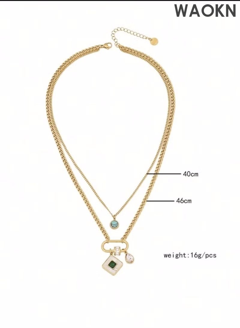 WAOKN One piece square turquoise double layer stainless steel chain necklace is suitable for women's daily wear Fashion Jewelry Gift fitting various daily scenarios suitable for birthdays, holidays, or special occasions - Image 3