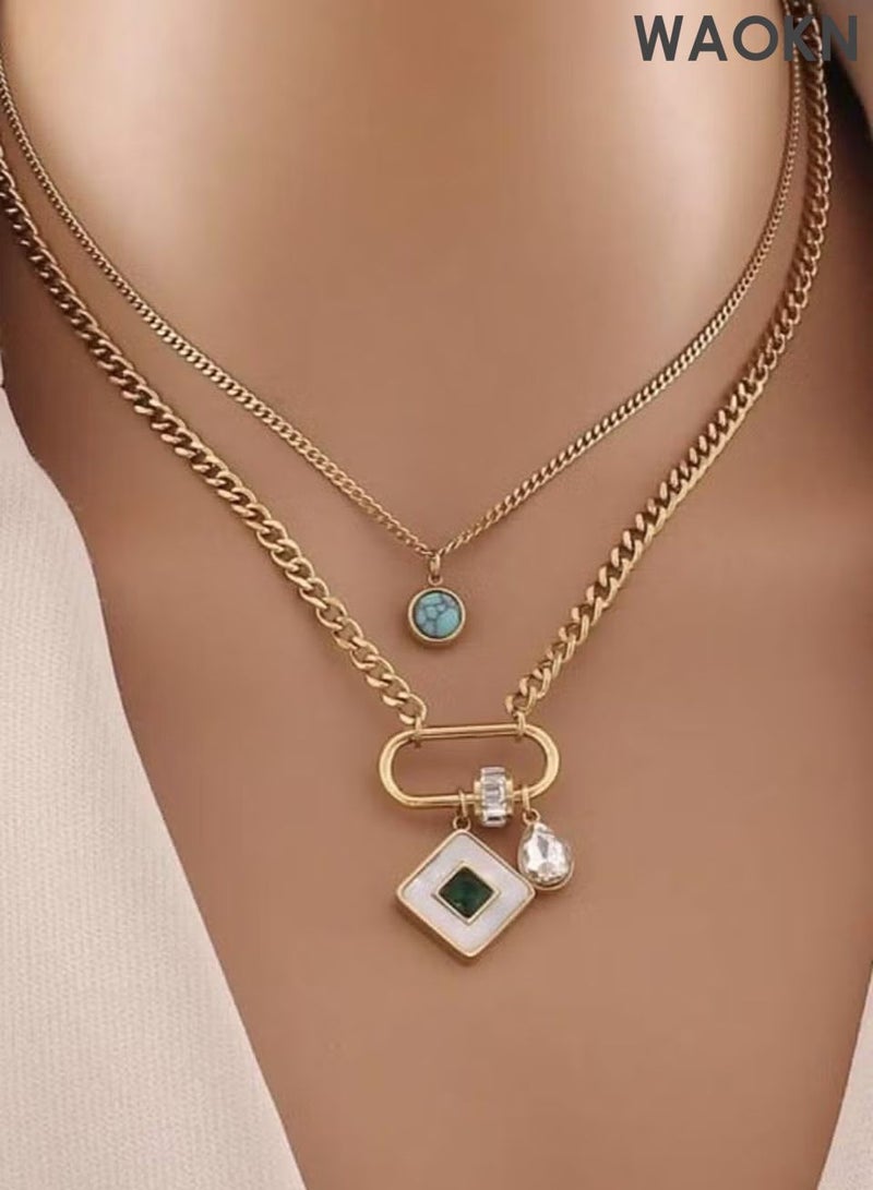 WAOKN One piece square turquoise double layer stainless steel chain necklace is suitable for women's daily wear Fashion Jewelry Gift fitting various daily scenarios suitable for birthdays, holidays, or special occasions - Image 2