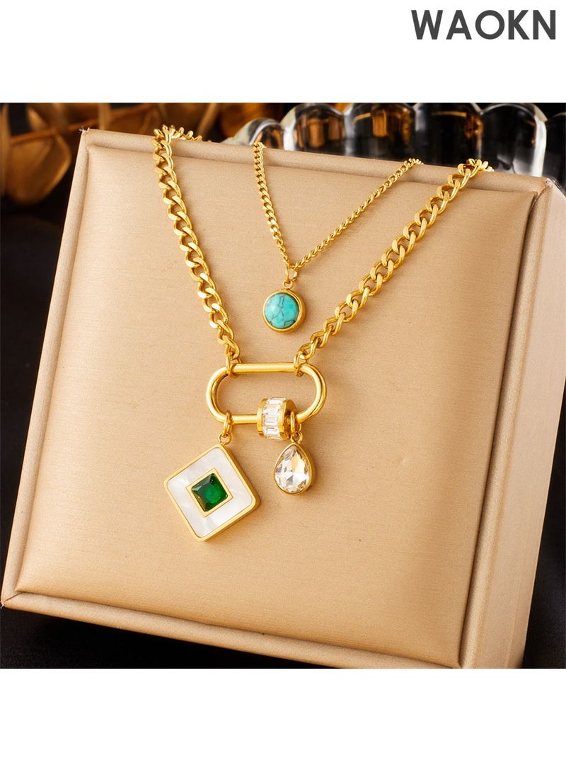 WAOKN One piece square turquoise double layer stainless steel chain necklace is suitable for women's daily wear Fashion Jewelry Gift fitting various daily scenarios suitable for birthdays, holidays, or special occasions - Image 1