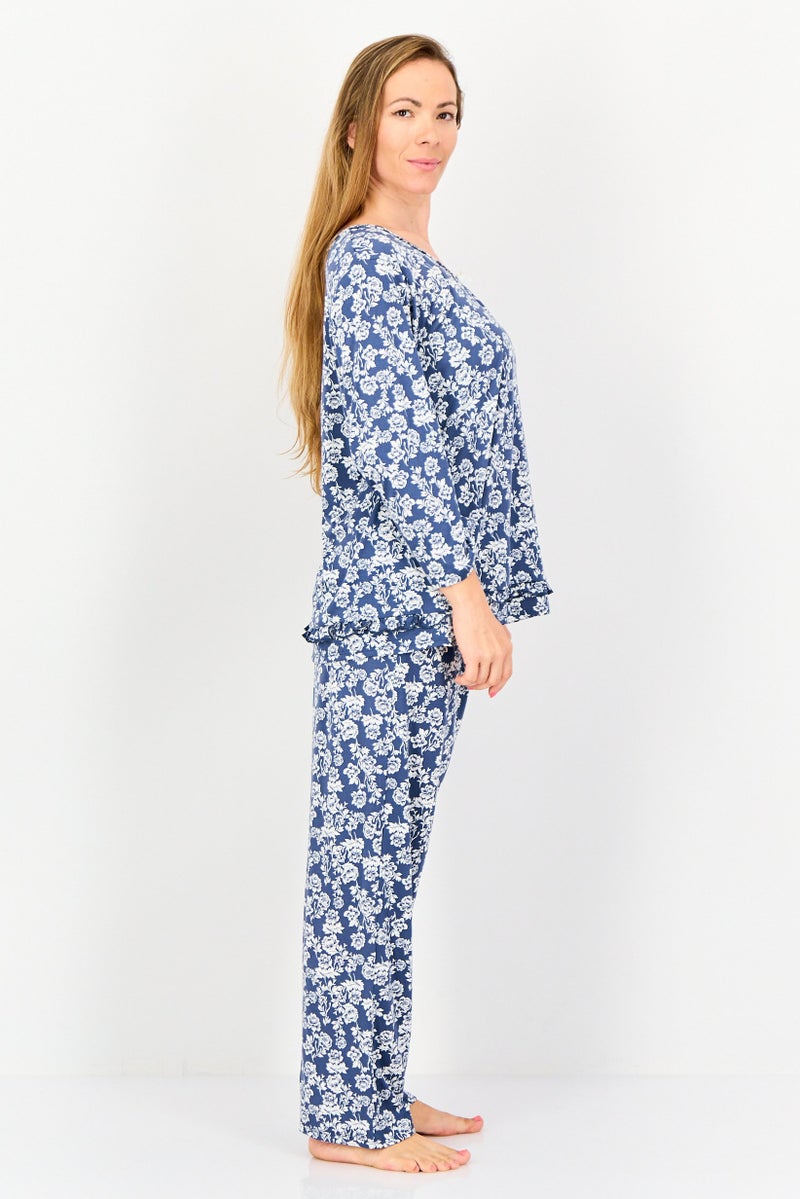 ELLEN TRACY Women 2Pcs Floral Print Top And Pyjamas Sleepwear Set, Multicolor - Image 2