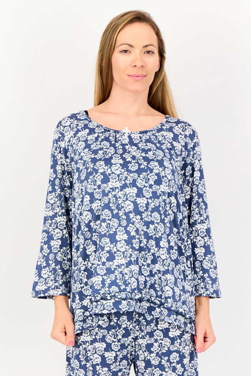 ELLEN TRACY Women 2Pcs Floral Print Top And Pyjamas Sleepwear Set, Multicolor - Image 4