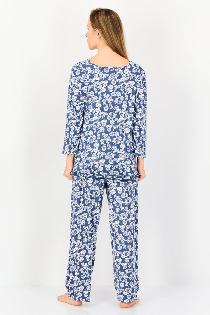 ELLEN TRACY Women 2Pcs Floral Print Top And Pyjamas Sleepwear Set, Multicolor - Image 3