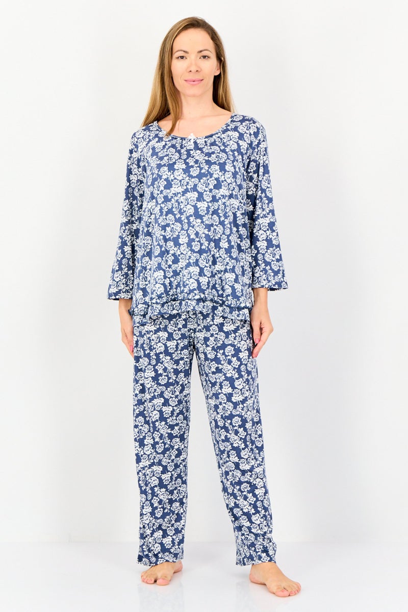 ELLEN TRACY Women 2Pcs Floral Print Top And Pyjamas Sleepwear Set, Multicolor - Image 1