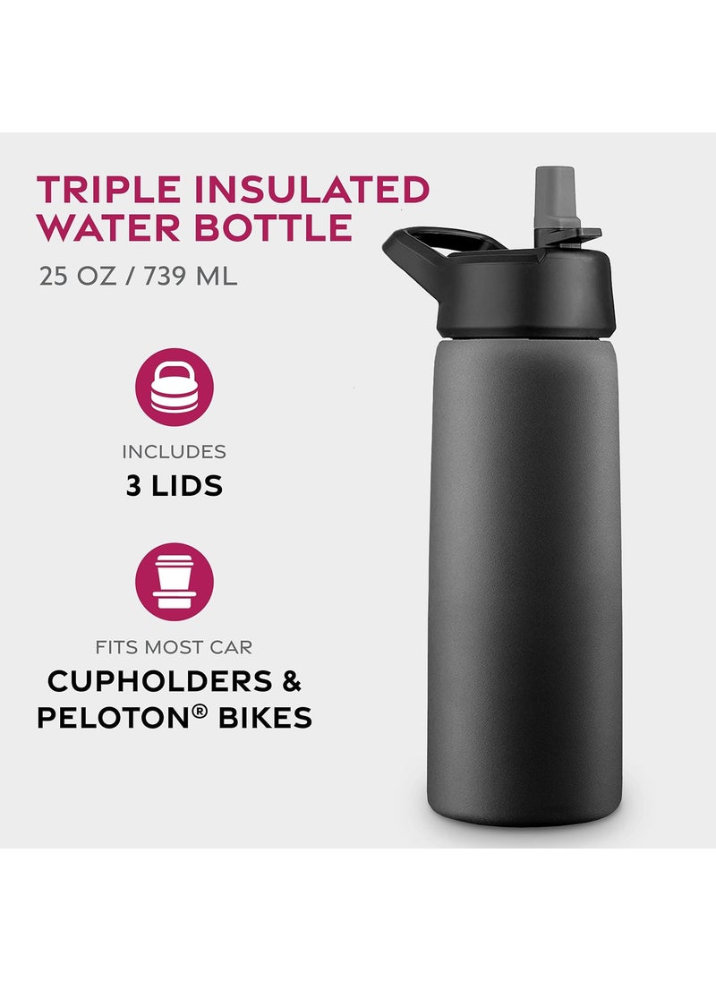 FINEDINE - FineDine Triple Insulated Stainless Steel Water Bottle with Straw Lid - Flip Top Lid - Wide Mouth Cap (740 ml) Insulated Water Bottles, Keeps Hot and Cold (Inky Raven Black) - Image 1