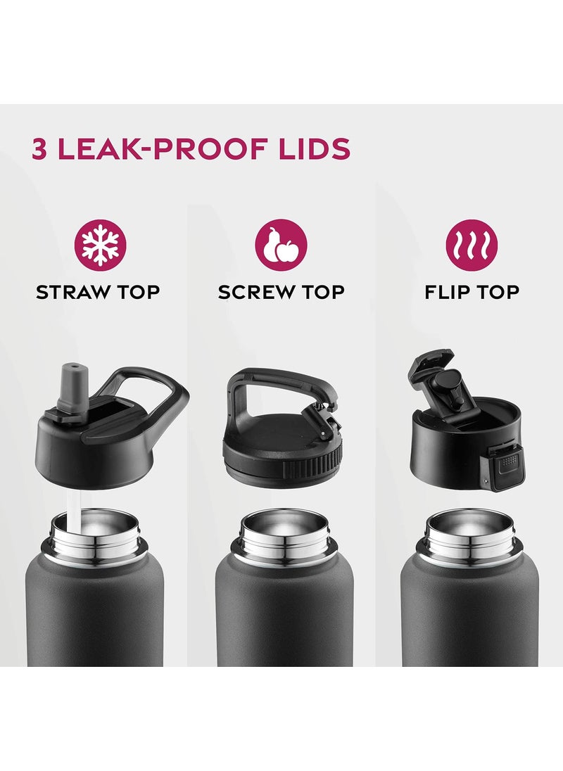 FINEDINE - FineDine Triple Insulated Stainless Steel Water Bottle with Straw Lid - Flip Top Lid - Wide Mouth Cap (740 ml) Insulated Water Bottles, Keeps Hot and Cold (Inky Raven Black) - Image 1