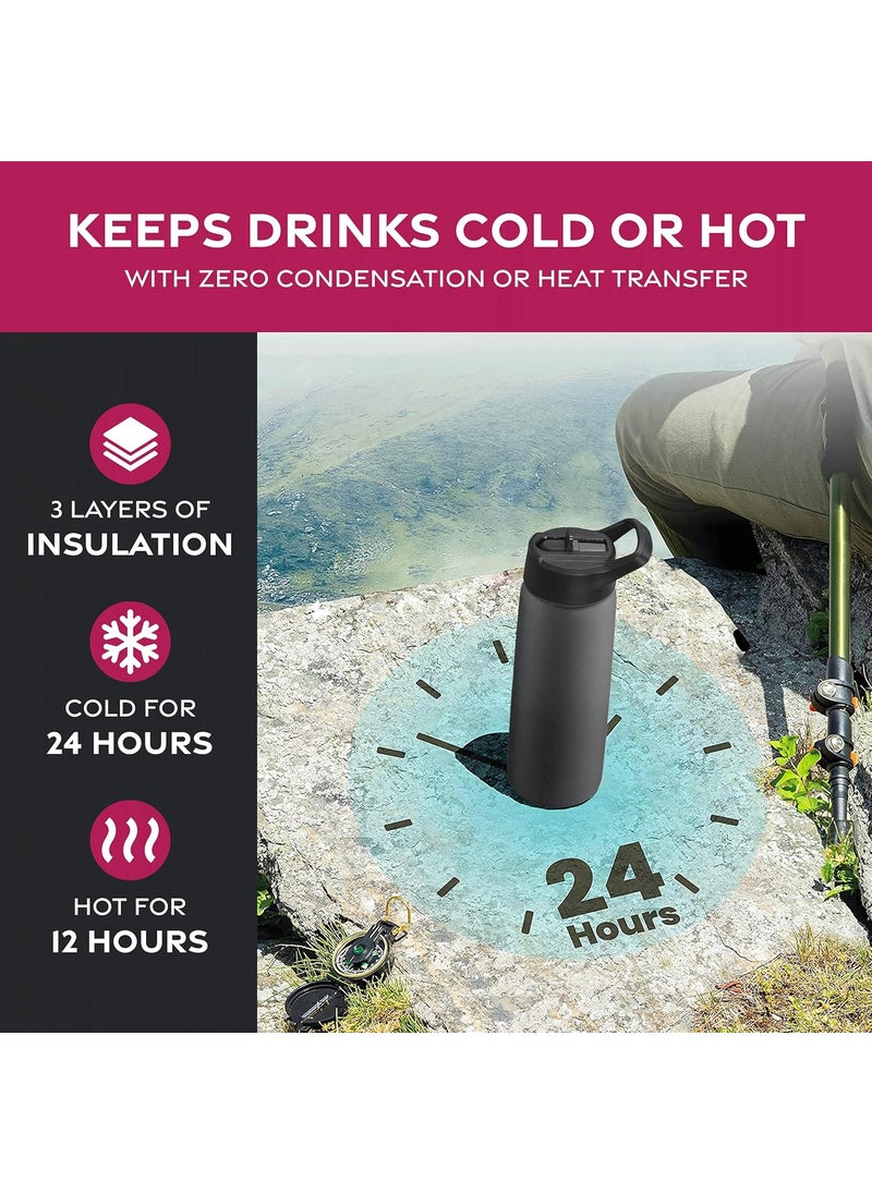 FINEDINE - FineDine Triple Insulated Stainless Steel Water Bottle with Straw Lid - Flip Top Lid - Wide Mouth Cap (740 ml) Insulated Water Bottles, Keeps Hot and Cold (Inky Raven Black) - Image 1