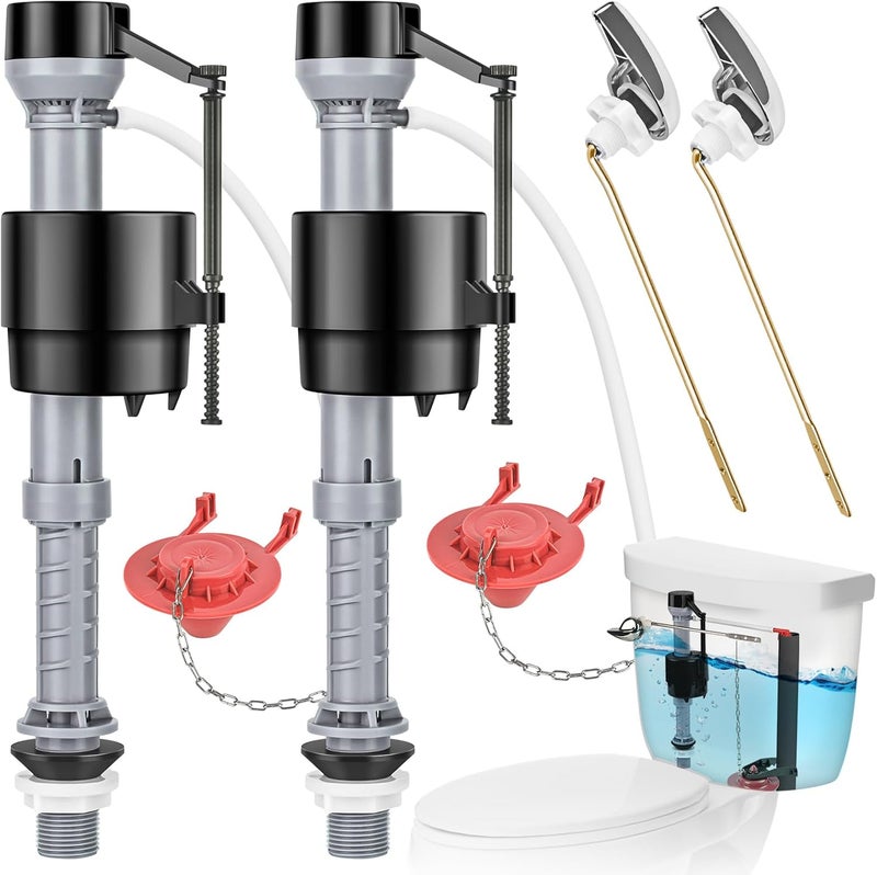 TEVIORA Universal Toilet Flusher Replacement Kit, Water-Saving & Height Adjustable Fill Valve, 2-Inch Flapper, Toilet Handle Lever, Quiet & Anti-Siphon Toilet Repair Kit Inside Tank (Red, 2-Pack) - Image 1