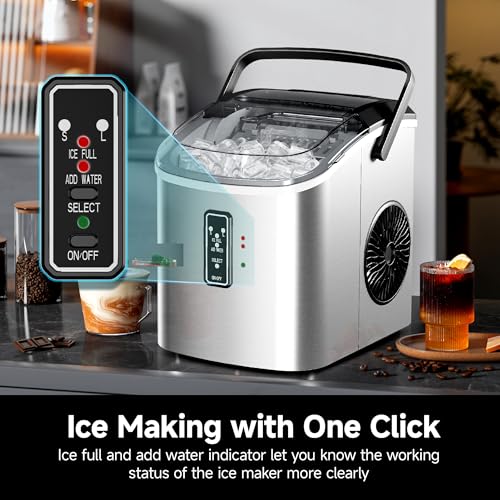EUHOMY Ice Maker Countertop with Carry Handle, 9 Cubes Ready in 6 Mins, 26.5lbs/24H, Self-Cleaning, 2 Sizes of Bullet Ice with Basket and Scoop, Portable Ice Maker Machine for Home, Kitchen, Office - Image 4