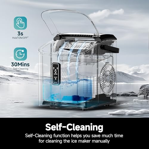 EUHOMY Ice Maker Countertop with Carry Handle, 9 Cubes Ready in 6 Mins, 26.5lbs/24H, Self-Cleaning, 2 Sizes of Bullet Ice with Basket and Scoop, Portable Ice Maker Machine for Home, Kitchen, Office - Image 5