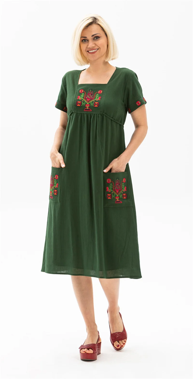 Eliş Şile Bezi Short Sleeve Şile Cloth Angel Midi Length Dress Green Ysl