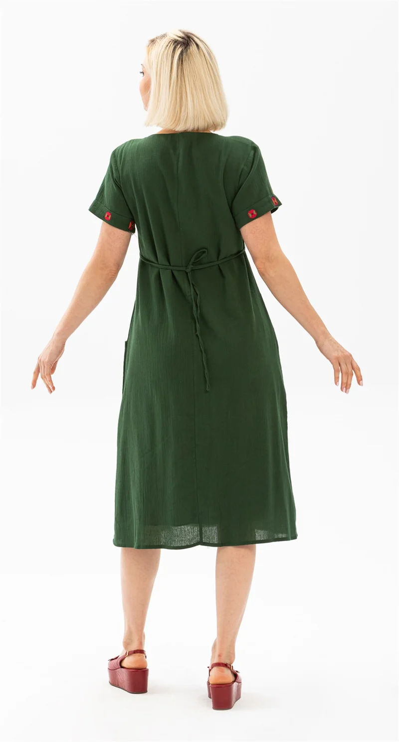 Eliş Şile Bezi Short Sleeve Şile Cloth Angel Midi Length Dress Green Ysl