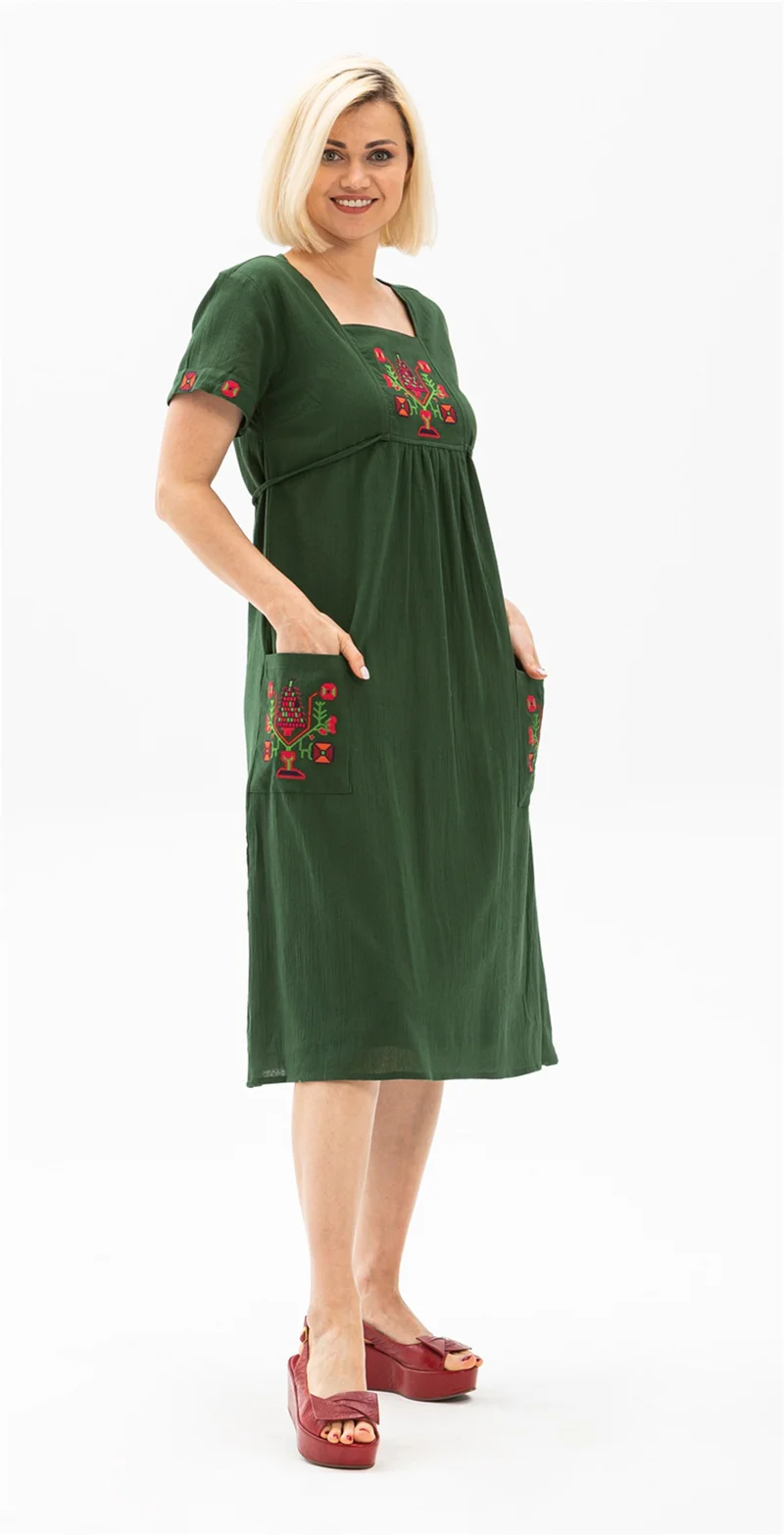 Eliş Şile Bezi Short Sleeve Şile Cloth Angel Midi Length Dress Green Ysl