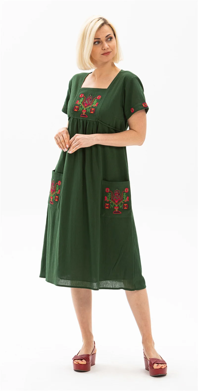 Eliş Şile Bezi Short Sleeve Şile Cloth Angel Midi Length Dress Green Ysl