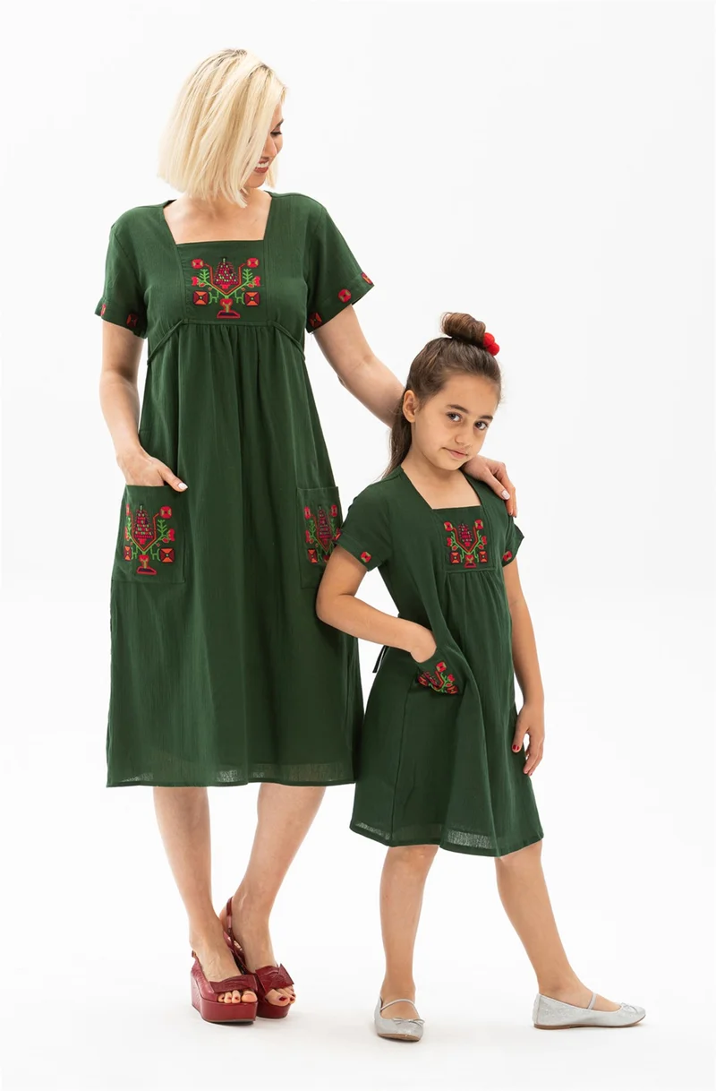 Eliş Şile Bezi Short Sleeve Şile Cloth Angel Midi Length Dress Green Ysl