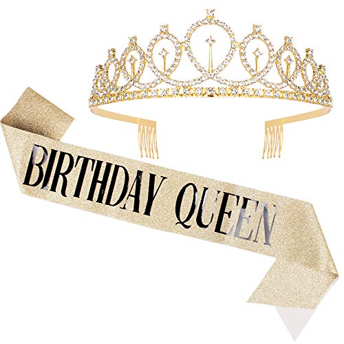 Didder Birthday Crowns for Women, Didder Gold Rhinestone Tiara & Birthday Queen Sash, Birthday Crown Birthday Tiara Birthday Sash and Tiaras for Women Girls Birthday Gifts Party Accessories - Image 1