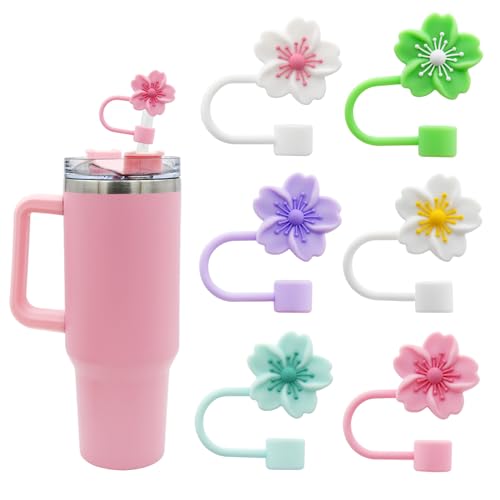 Meitesti Silicone Straw Cover for 10mm Straw Covers Cap for Stanley Cup Accessories, Cute Straw Topper for Tumblers Straw Cap Stopper for Reusable Straws Tip Lids (6pcs sakura straw cap) - Image 1