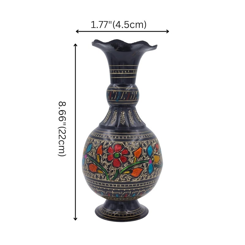 Natriel Vintage Brass Vase with Etched Enamel Floral Design Antique Charm Decorative Showpiece 22 cm Brass Black Black - Image 4