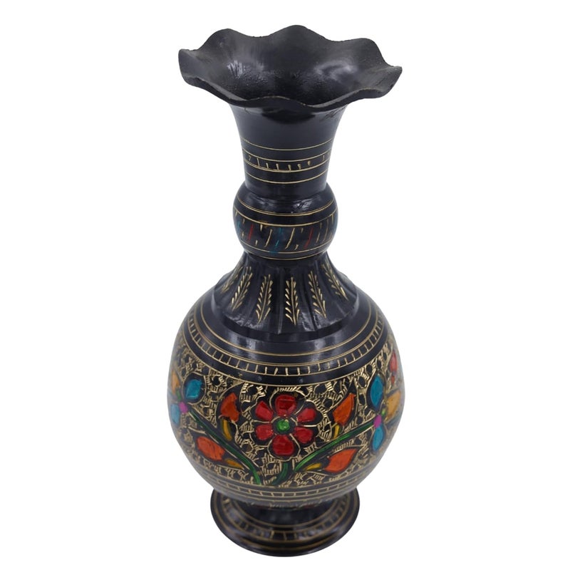 Natriel Vintage Brass Vase with Etched Enamel Floral Design Antique Charm Decorative Showpiece 22 cm Brass Black Black - Image 2