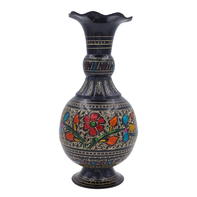 Natriel Vintage Brass Vase with Etched Enamel Floral Design Antique Charm Decorative Showpiece 22 cm Brass Black Black - Image 5