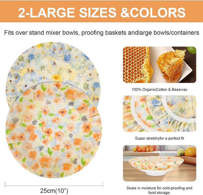 BERBAM Reusable Bowl Covers for Bread Proofing（2 Large）- Cotton Beeswax Bowl Covers Reusable with Elastic Rim, Sourdough Bowl Cover for Food Storage and Food Preservation (10INCH) - Image 2