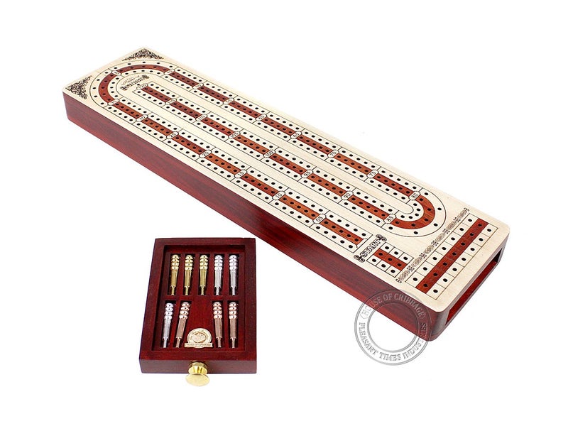 Continuous Cribbage Board Alphabet e Shape Inlaid in Maple and Bloodwood with Storage Drawer for Cribbage pegs 124 3 Tracks House of Cribbage