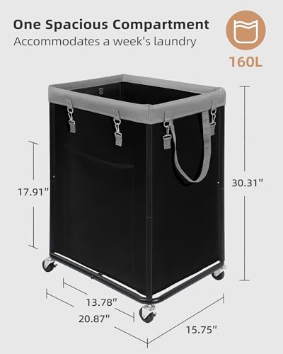 STORAGE MANIAC Large Laundry Basket with Wheels 160L Rolling Laundry Hamper Laundry Cart with Metal Frame and Removable Bag Clothes Hamper for Bedroom Bathroom Dorm Room Laundry Room Black - Image 3