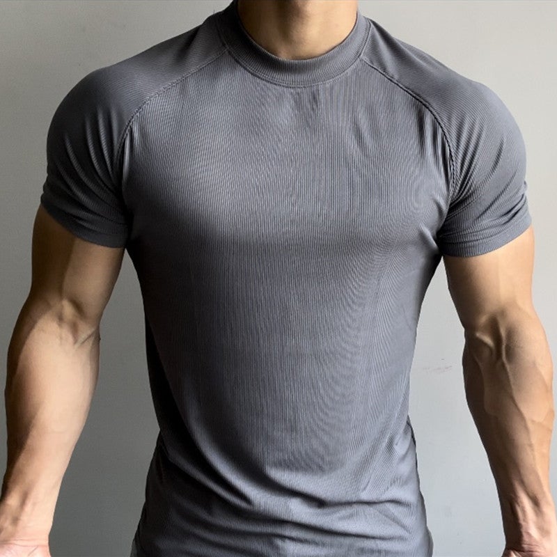 Summer Sports Outdoor Training Short-sleeved Men's Slim-fit Elastic Quick-drying Raglan Sleeves Small Collar T-shirt Solid Color Breathable Trendy - Image 4